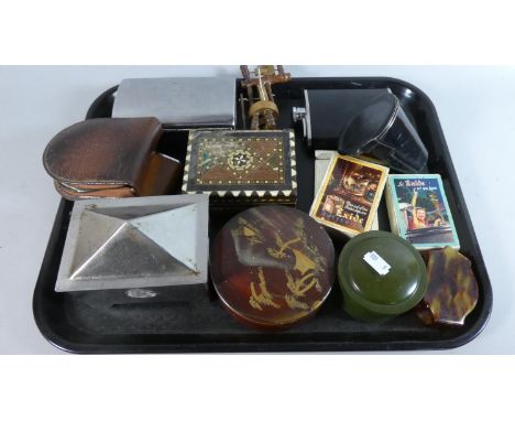 A Tray of Sundries to Include Exide Playing Cards, Oriental Circular Lacquer Box, Hip Flask, Inlaid Box etc 