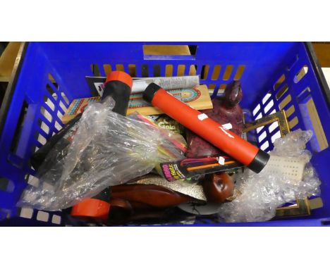 A Box of Sundries to Include Cribbage Boards, Cat and Duck Ornaments, Fishing Accessories, Ceramics etc 