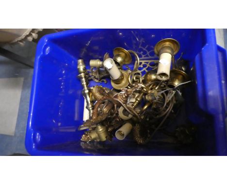 A Box of Various Brass Wall Light Fittings, Table Lamp etc 