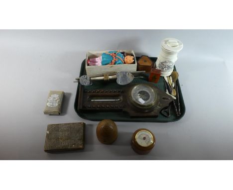 A Tray of Curios to Include Oak Framed Aneroid Barometer, Vintage Playing Cards, Beehive String Dispenser, Chinese Dolls, Bot