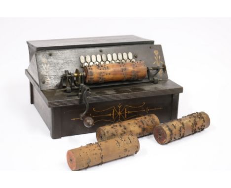 Antique "Gem Roller Organ" &amp; 3 Additional Pinned Roller Wooden Cobs - 20 key Barrel Organ, in working condition. 3 Additi