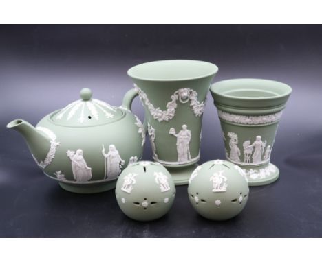 Five x Green Wedgwood items including a Teapot, vases etc