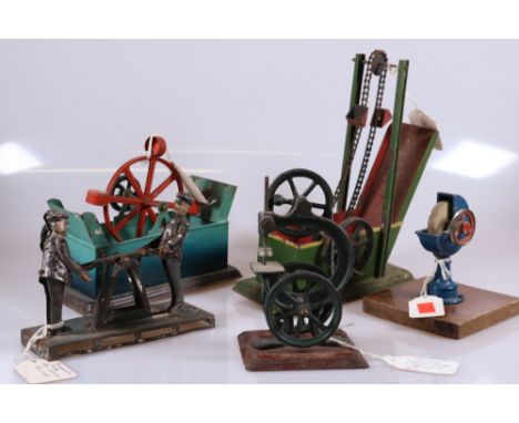 Antique Steam Engine Tin Toys x 5 including Bing &amp; others, Featuring a Bandsaw Steam Model Accessory, Grinding Stone, Wat