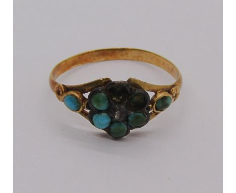 19th century yellow metal turquoise and rose cut diamond cluster ring, size K, 1.5g (af) 