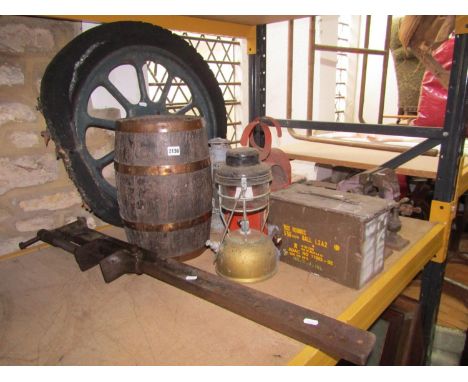 One lot of miscellaneous vintage items to include a tractor or implement spoke wheel, Tilly lamp, storm lanterns, two roadsid