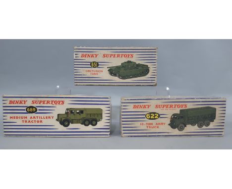 3 Dinky Supertoys in original boxes; 651 Centurion Tank, 689 Medium Artillery Tractor and 622 10-Ton Army Truck (3) 