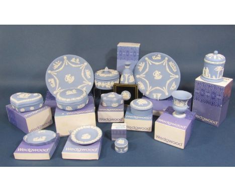 A collection of mainly boxed Wedgwood blue ground Jasper wares including heart shaped trinket box, further trinket boxes, cir