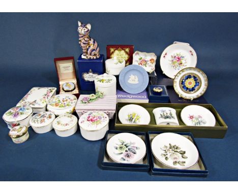 A boxed Royal Crown Derby paperweight in the form of a seated tabby cat, together with a collection of decorative trinket box