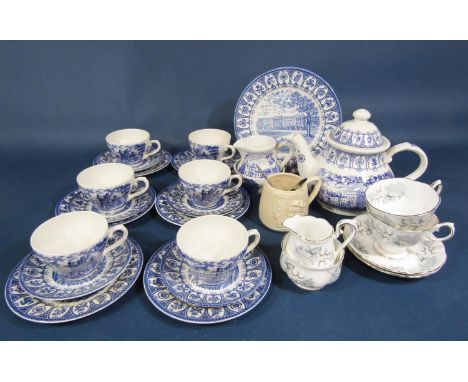 A collection of Broadhurst Holyrood 1977 Silver Jubilee blue and white printed teawares comprising teapot, cake plate, milk j