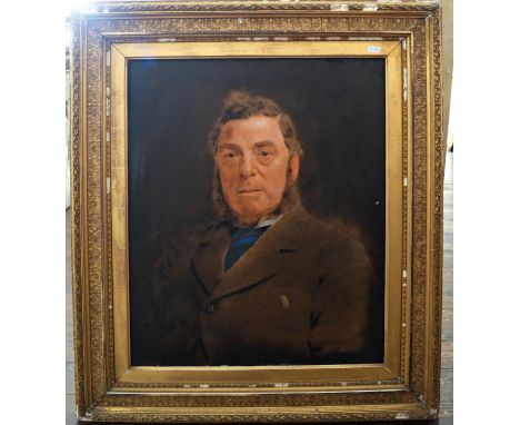A 19th century shoulder length portrait of a gentleman in a brown coat, over painted photographic print on canvas, 60 x 50cm 