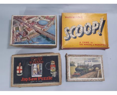 3 vintage wooden jigsaws including 'Festival of Britain 1951' by EFROC, 'Cornish Fishing Village; by Chad Valley and GWR, 'Vi