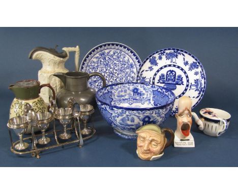 A collection of 19th century and later ceramics including a George Jensen Abbey pattern blue and white printed bowl, a relief