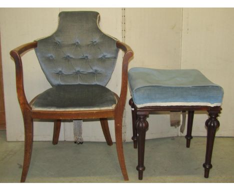 A mid Victorian period square cut stool with upholstered top raised on four fluted supports in mahogany, together with an Edw