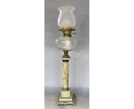 A 19th century marble classical column style oil lamp. 66cm high (lacks chimney) 