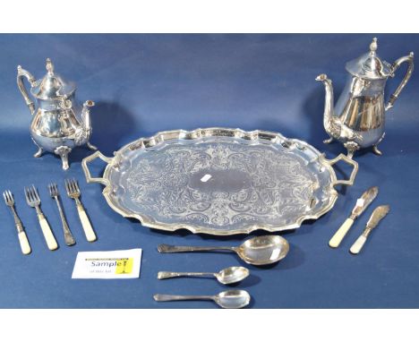 A large oval silver plate galleried tray, a smaller similar, a scalloped edged tray, a tea service and a quantity of loose cu