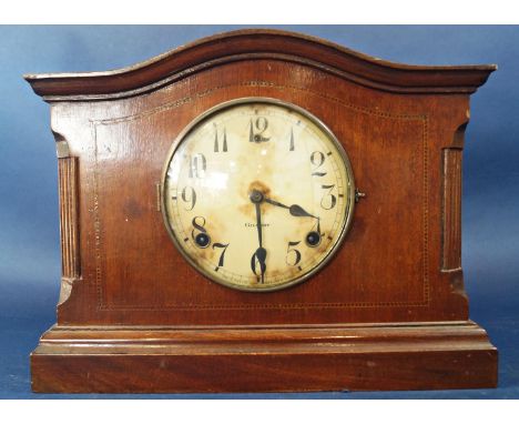 An inlaid Edwardian mantle clock with eight day time piece, the case with chequered string inlay detail 