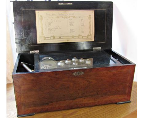 A 19th century Swiss musical box playing 12 airs, the rosewood case with floral marquetry decoration, playing with drum and 6