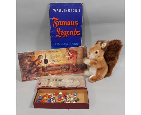 A mixed lot including a Steiff squirrel with pin in ear, a vintage box game of Subbuteo with rules and an unused vintage Wadd