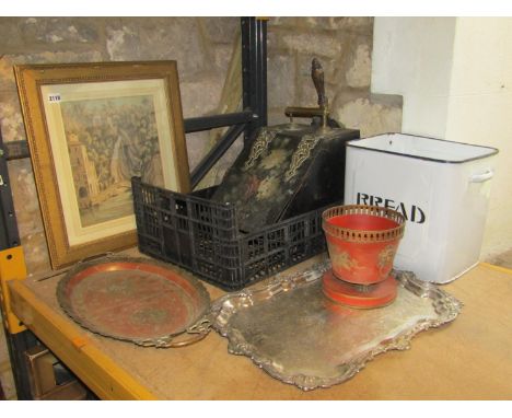 One lot of miscellaneous items to include a vintage cream enamel bread bin, japanned tin coal scuttle with brass fittings and