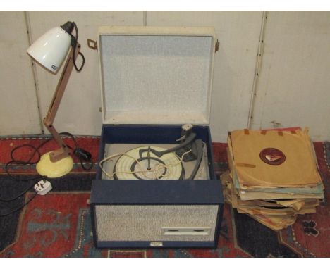 A vintage portable Fidelity radio record player together with a box containing a quantity of records, a vintage Mac lamp, a c
