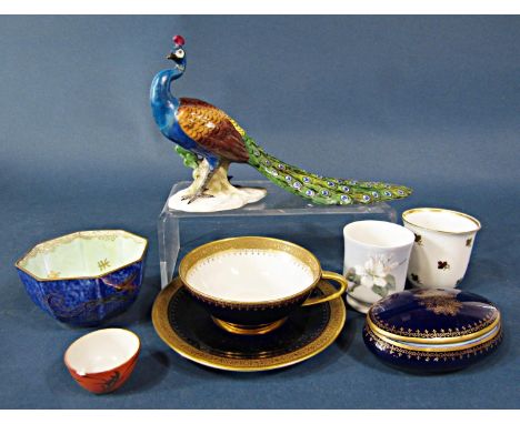A small Wedgwood blue ground lustre bowl of octagonal form, 9cm approx, together with a Royal Copenhagen beaker with floral d