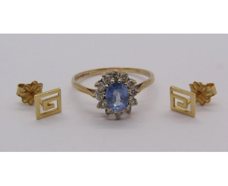 9ct sapphire and diamond cluster ring, size Q/R, 1.8g and a pair of 14ct Greek key stud earrings, 1g (3) 