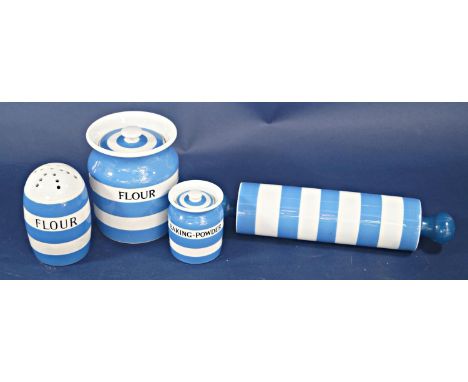 A collection of T.G. Green blue and white banded Cornish pottery wares comprising a rolling pin, baking powder jar and cover,