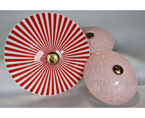 A 1950's open umbrella red and white candy striped light shade and fitting, 50cm diam approx and two 'Festival of Britain' st