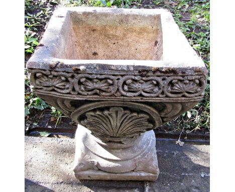 A cast composition stone square tapered planter with foliate detail and square platform base (cracked) approx 40 cm square x 