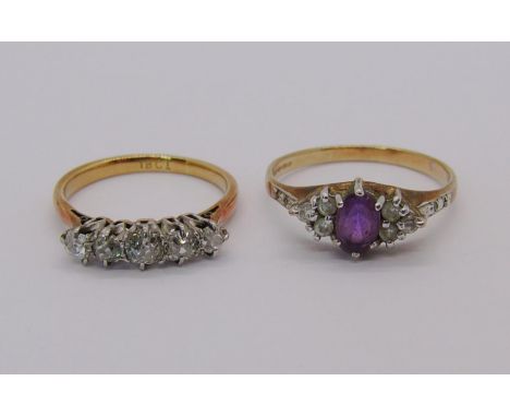 18ct five stone diamond ring, largest stone 0.15cts approx, size K, 2.1g and a 9ct amethyst dress ring, size O, 2g (2) 