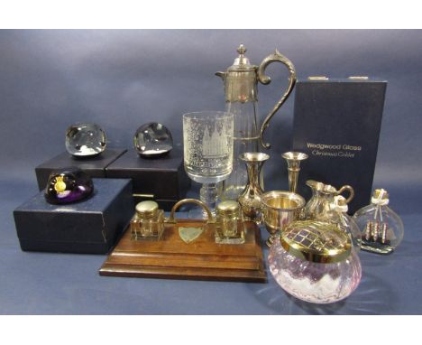 Two boxed Caithness paperweights, another paperweight by Webb Corbett, an oak desk inkwell, a claret jug, a glass Wedgwood Ch