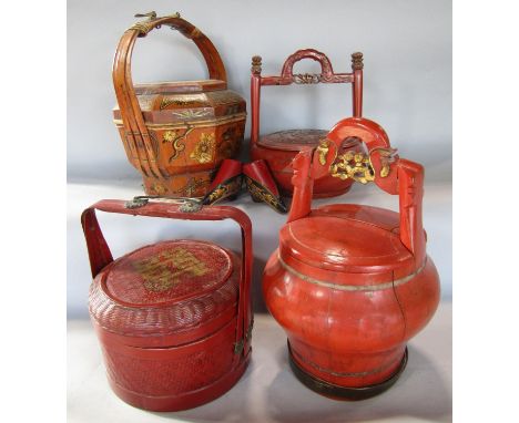 A Chinese red lacquered bucket, a squat circular red lacquered storage box, a red bamboo rice basket and a light pink floral 