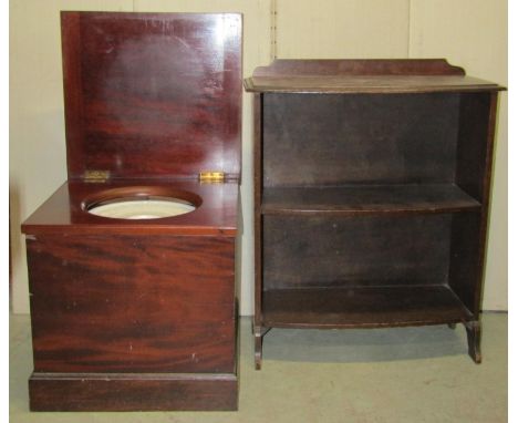 A Victorian mahogany box commode with rising lid and original fitted interior, together with an oak freestanding open bookcas
