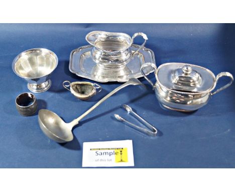 A mixed quantity of silver plated table ware, ladles, serving spoons, boiled egg tray, cruet set, tray and tea service, etc.(