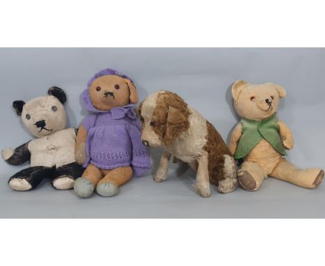 4 vintage soft toys including a sitting dog with boot button eyes, stitched mouth, nose and claws, a teddy with glass eyes, s