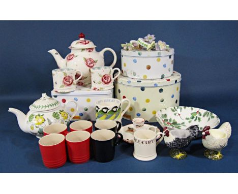 A collection of Emma Bridgewater pottery wares including a teapot with rose decoration, 21cm tall approx, two matching mugs, 