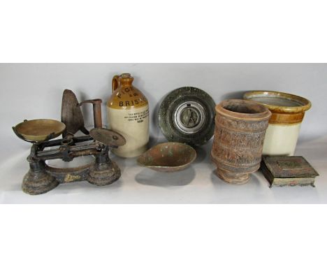 A Pick Up &amp; Co Bristol cider flagon, early 19th century storage jar, a marble surround for a barometer an iron etc. 