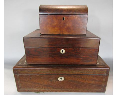 A rosewood 19th century writing box (af) another smaller and a Georgian walnut tea caddy, (af). 3 