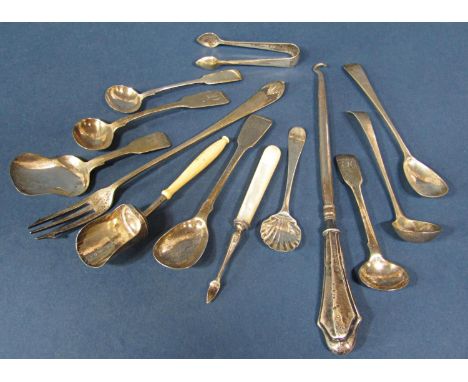 A mixed collection of silver mustard spoons, caddy spoons, tongs, boot pull, fork, 6oz total (13) 