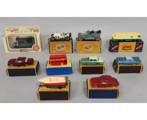 9 1960's boxed model cars by Lesney including 'Matchbox' Series nos 5 London Bus, 29 Austin Cambridge, 48 Sports Boat &amp; T