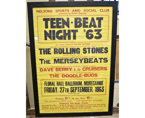 A framed poster Teen Beat Night - 63, including The Rolling Stones, The Merseybeats, Dave Berry &amp; the Cruisers, Floral Ha