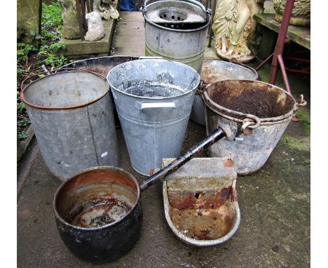 A small collection of galvanised ware to include various buckets, small oval two handled bath, small drinking trough, alumini