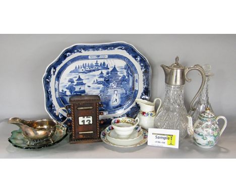 A Willow pattern meat platter, a Royal Worcester cake plate, a mixed quantity of glass ware, silver plate, an oak desk calend