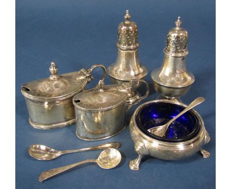 Five silver condiments, salts, pepper pots and spoons, etc, 8oz approx (8) 