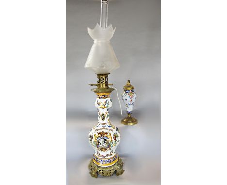 A European renaissance style vase raised on a gilt base converted into an oil lamp, 83cm tall, and a smaller similar vase (af