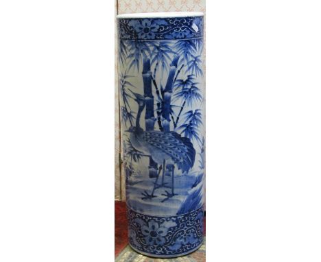 A hand painted Japanese ceramic stick stand showing cranes and bamboo, 63cm high 