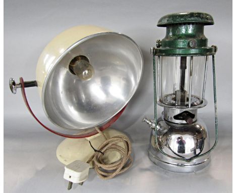 A mid 20th century Pifco Infra Red Radiant Heat lamp (converted to a desk lamp) and a Bialladdin hurricane lamp. 