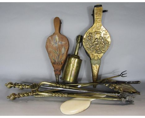 19th century fire tools including a poker, tongs, shovel, three telescopic toasters, a meat jack, bellows etc. 