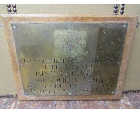 A brass panel with the Royal Coat of Arms to Commemorate the visit of Their Majesties King George V and Queen Mary 1924, set 