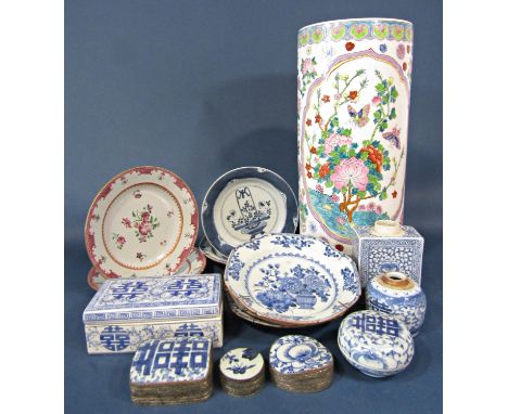 A collection of 19th century and later oriental ceramics including a set of three 19th century blue and white painted dishes 